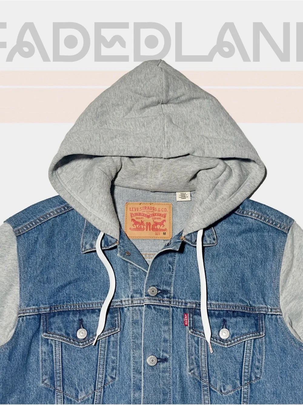 Levi's Blue Denim Trucker Jacket with Grey Hoodie Sleeves